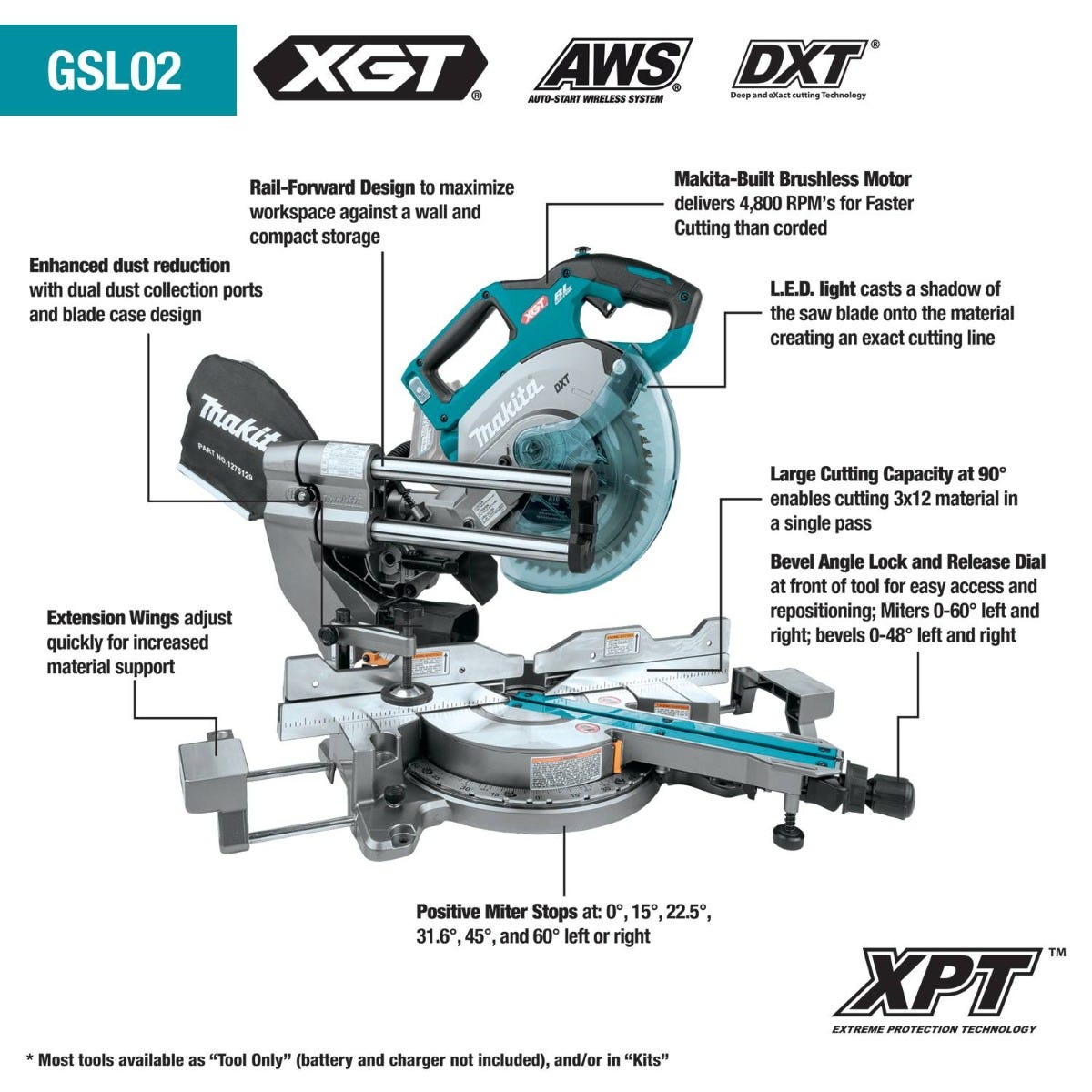 Makita GSL02Z 40V max XGT Brushless Cordless 8-1/2" Dual-Bevel Sliding Compound Miter Saw, AWS Capable, Tool Only