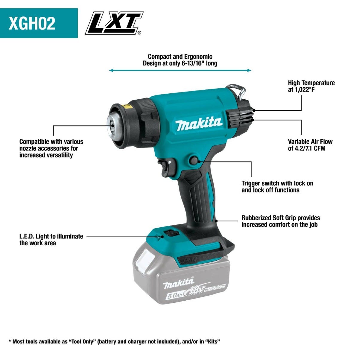 Makita XGH02ZK 18V LXT Lithium-Ion Cordless Variable Temperature Heat Gun, Tool Only