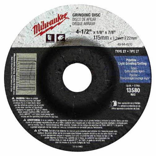 Milwaukee 49-94-4510 4-1/2" x 1/8" x 7/8" Grinding Wheel, Type 27