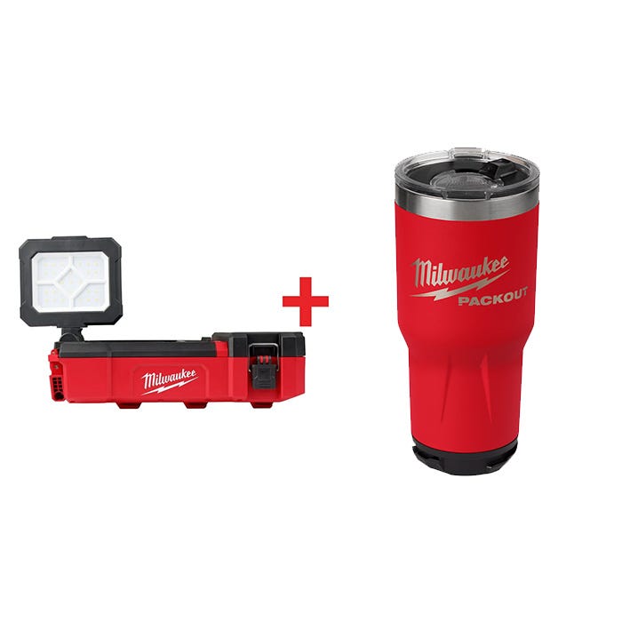 Milwaukee M12 PACKOUT 1,400-Lumen Flood Light w/ USB Charging, Tool Only plus PACKOUT 30oz Tumbler