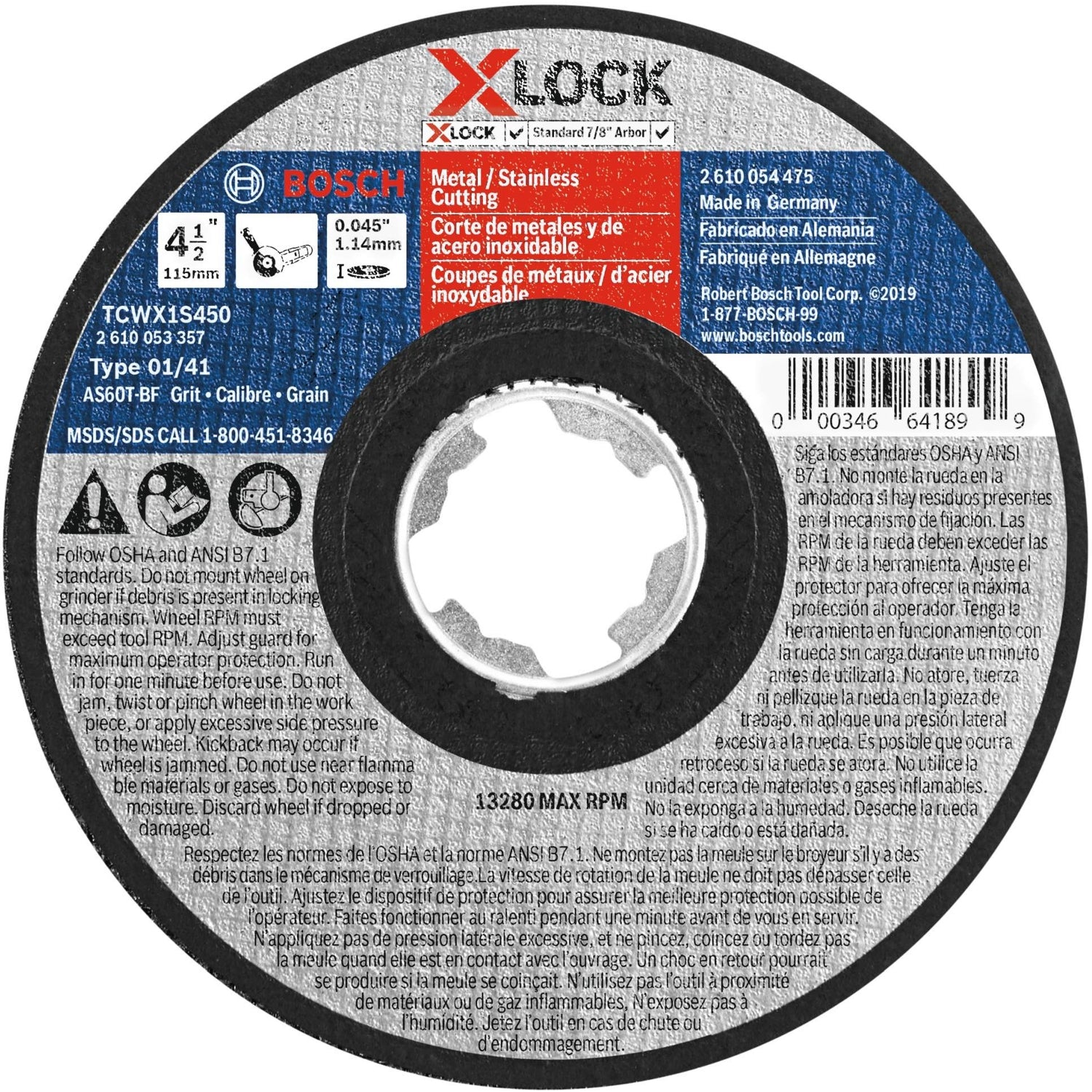 Bosch TCWX1S450 X-Lock Thin Metal & Stainless Steel Cutting T1 Heavy Duty 4-1/2 x .045" Wheel