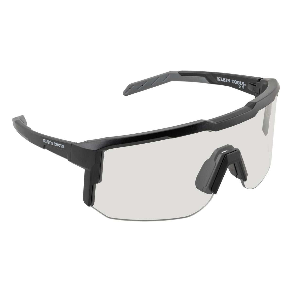 Klein Tools 03000 blade safety glasses with clear wrap-around lens and black and gray frame