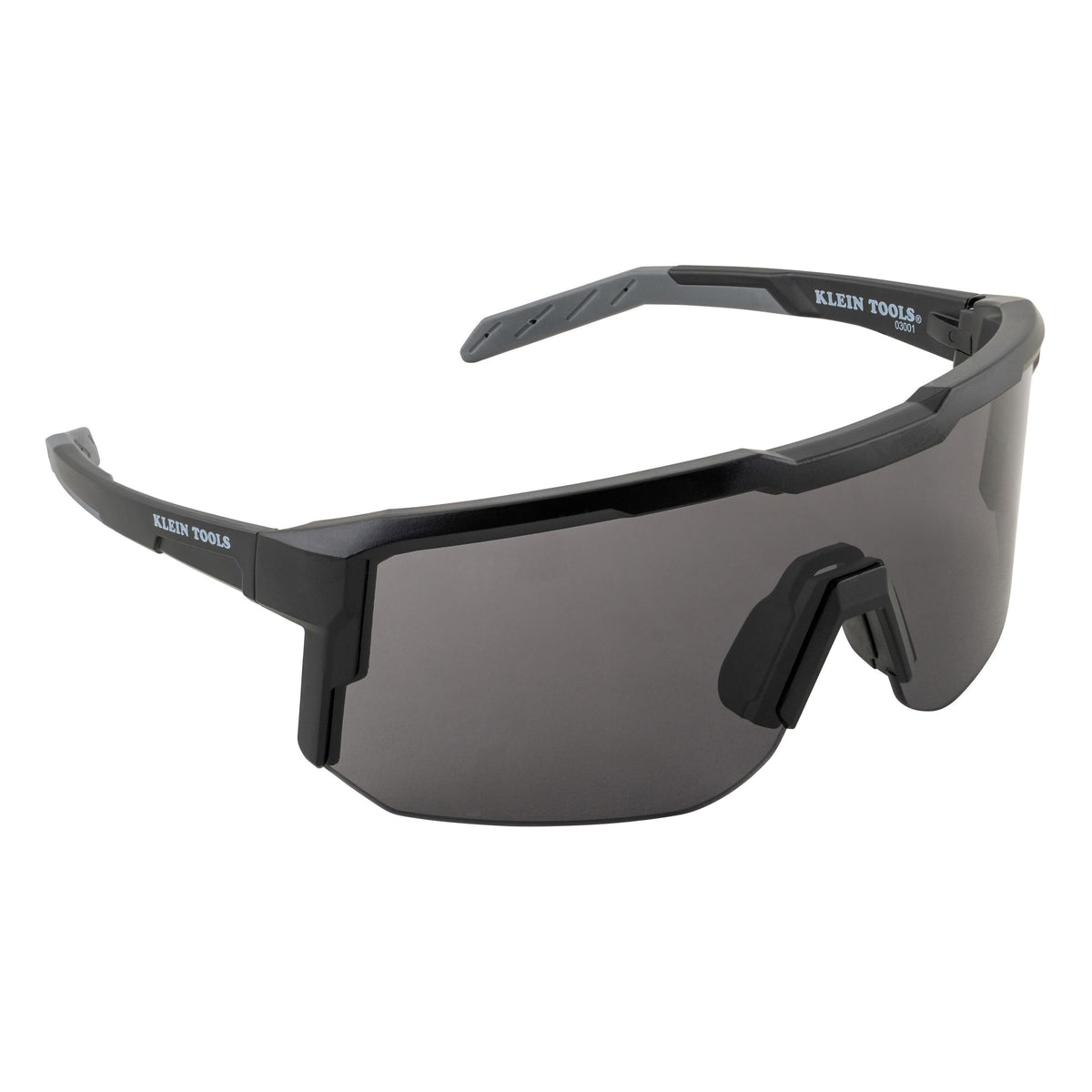 Klein Tools 03001 blade safety glasses with shaded gray wrap-around lens and black and gray frame
