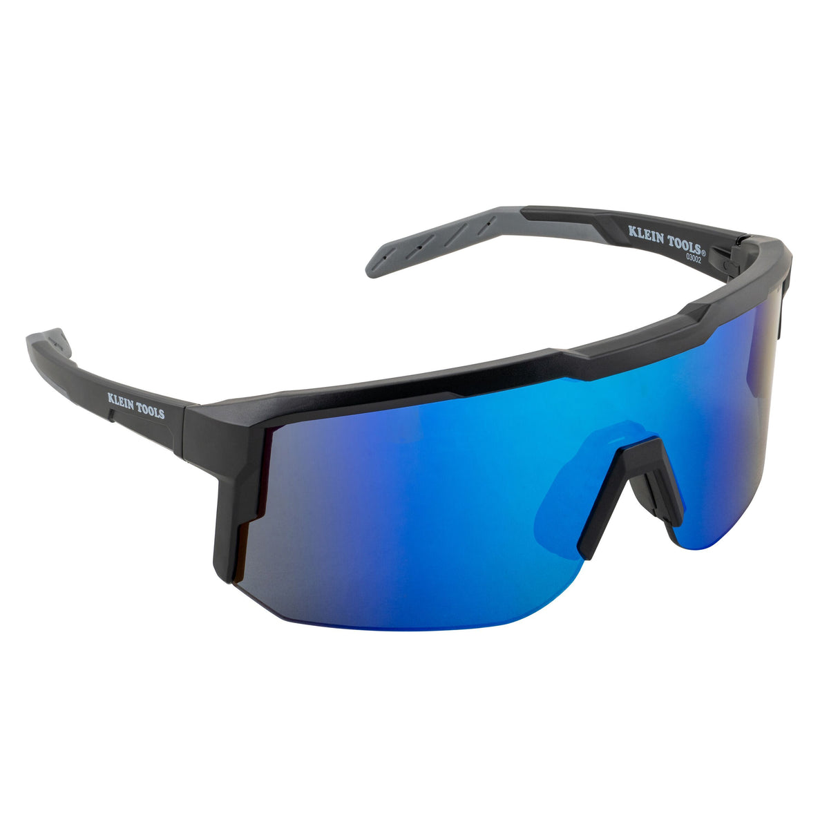 Klein Tools 03002 blade safety glasses with blue mirror wrap-around lens and black and gray frame