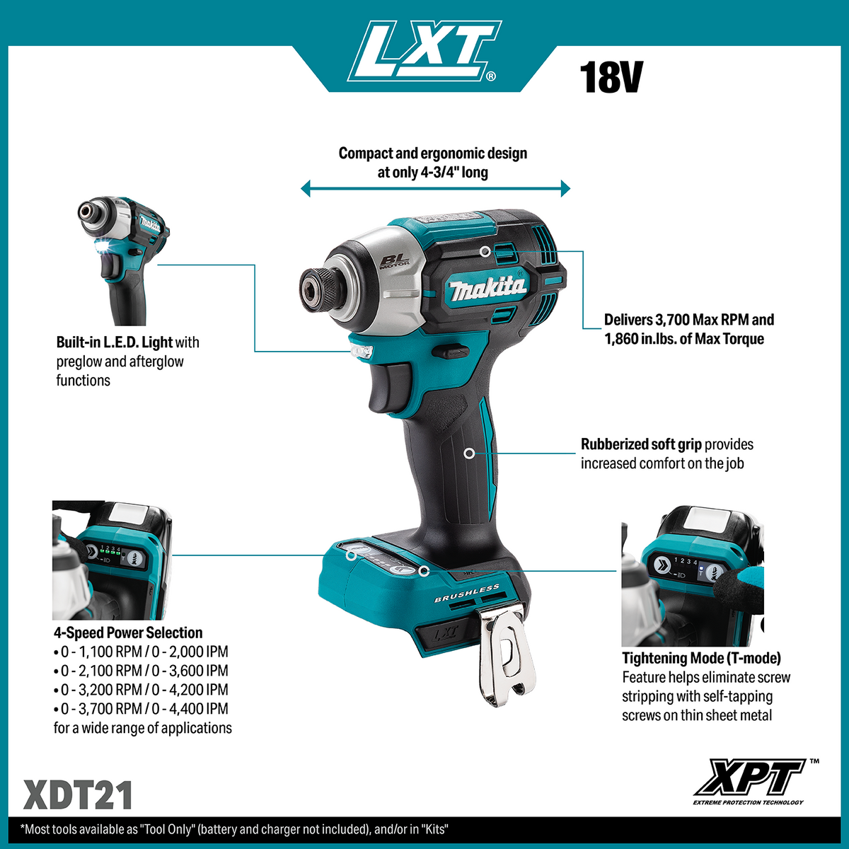 Makita 18V LXT Brushless Quick-Shift Mode 4-Speed Impact Driver (XDT21Z) - features and dimensions callout 22