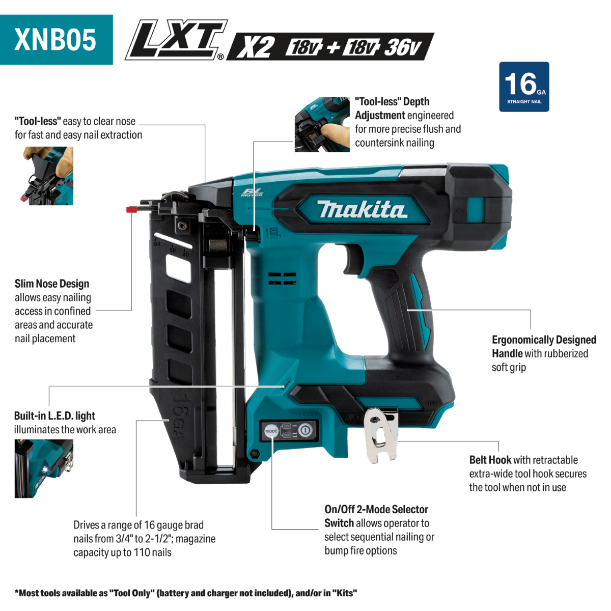 Makita XNB05Z 18V LXT Brushless Cordless 2-1/2-in. Straight 16-Gauge Finish Nailer, Tool Only