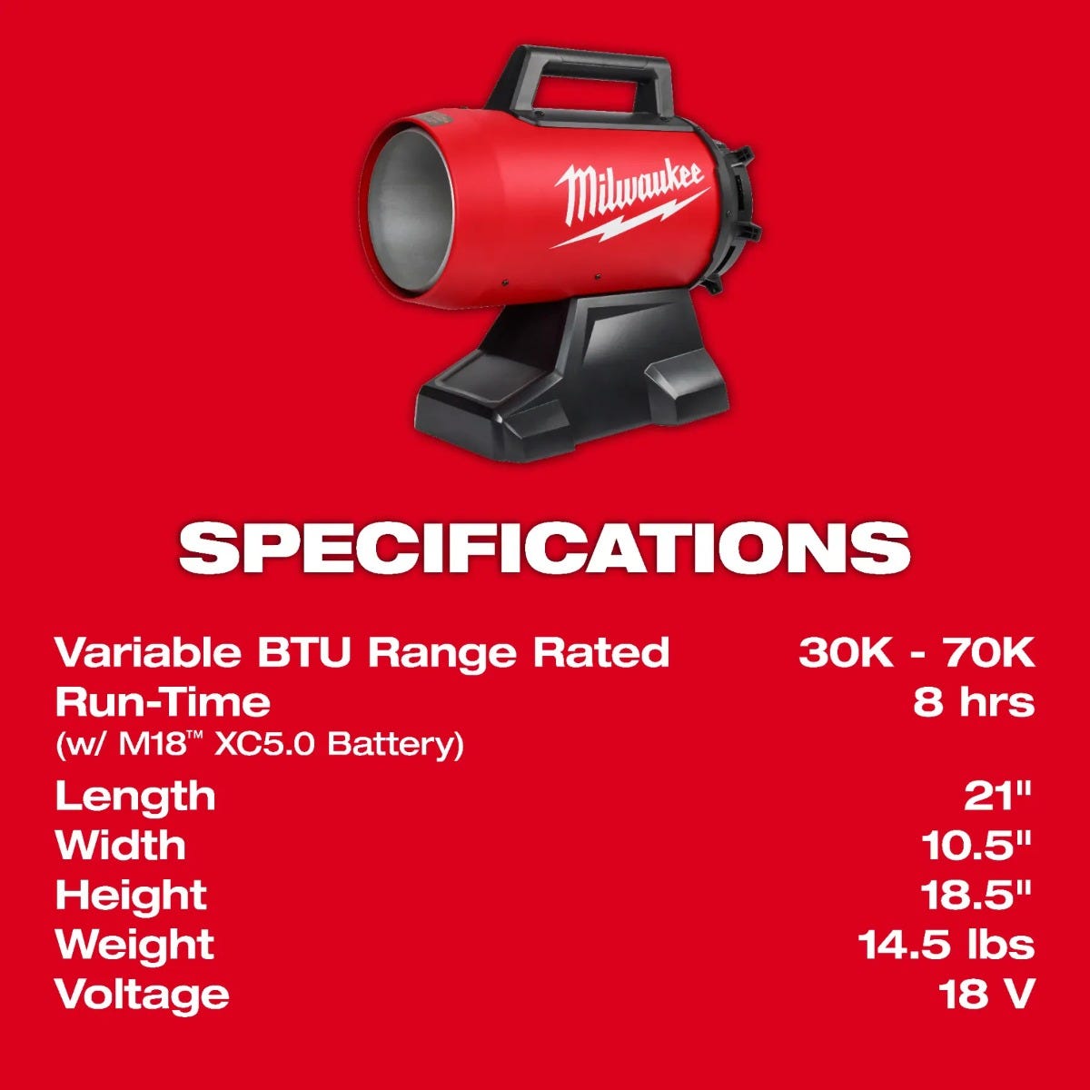 Milwaukee 0801-20 M18 70,000 BTU BTU Forced Air Propane Heater, Tool Only