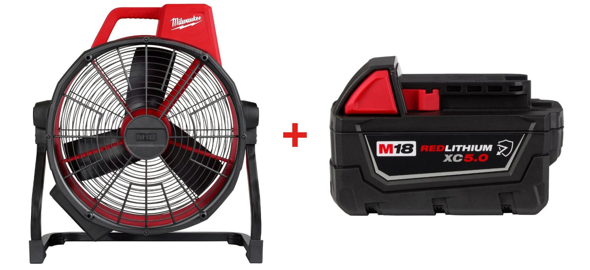 Milwaukee 0821-20 Cordless / Corded M18 Brushless 18-in. Fan with Milwaukee 48-11-1850R M18 REDLITHIUM XC5.0 Oil & Solvent Resistant Battery