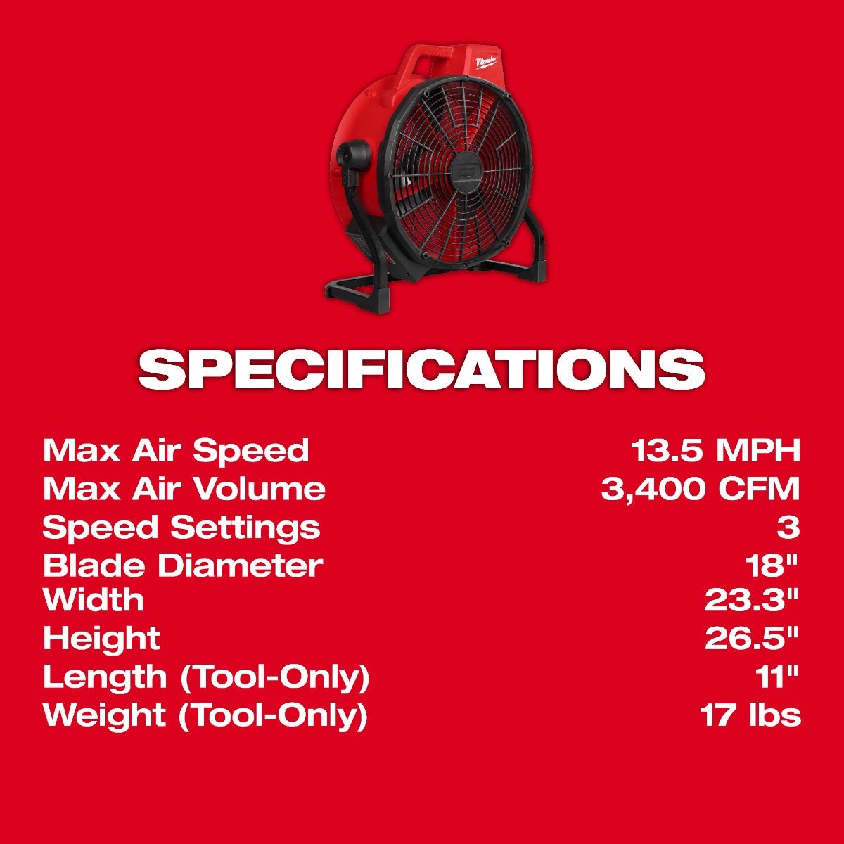Milwaukee 0821-20 Cordless M18 Brushless 18-in. Fan, Tool Only