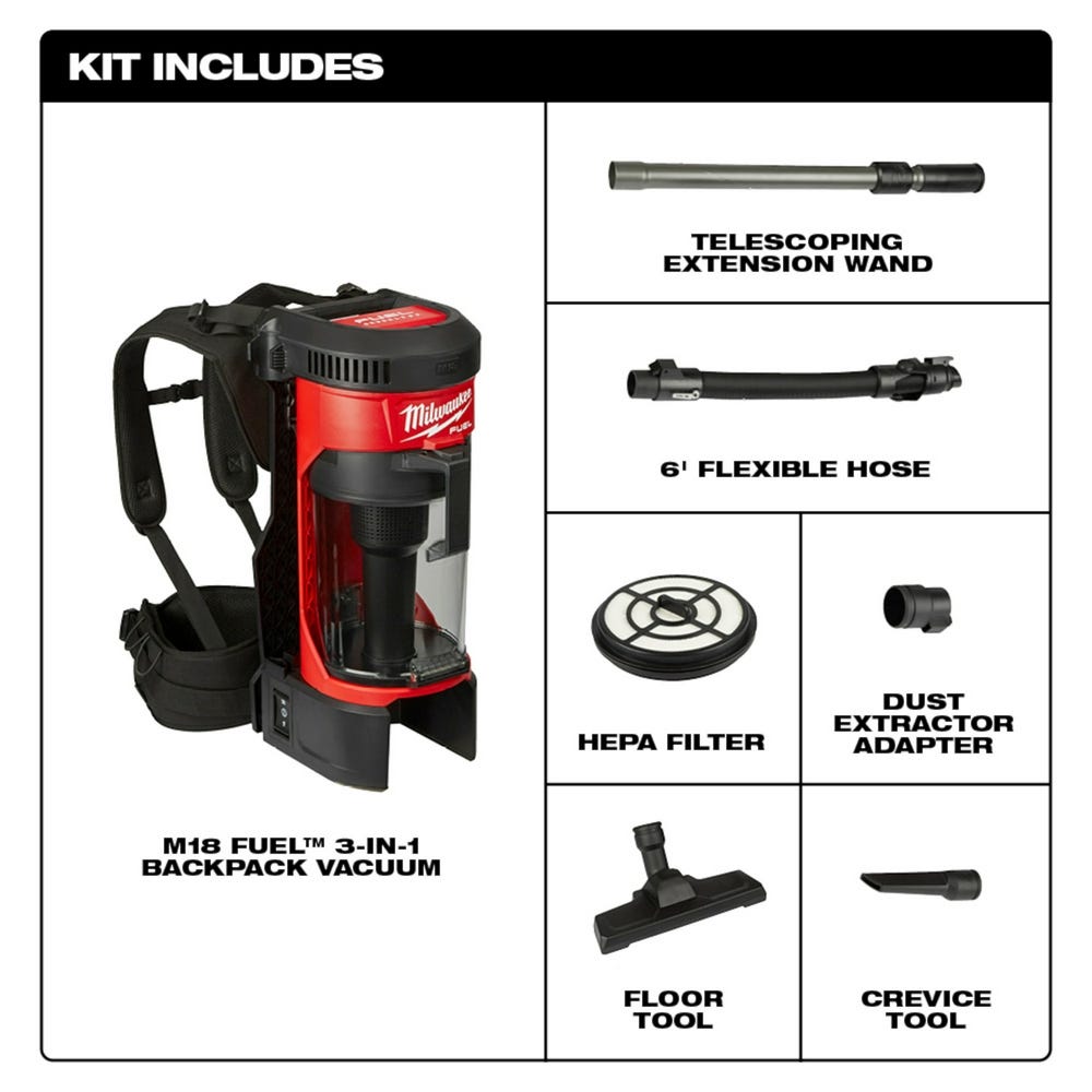 Milwaukee 0885-20 M18 FUEL 3-in-1 Backpack Vacuum, Tool Only