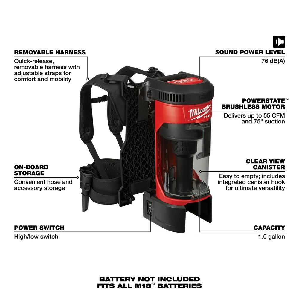 Milwaukee 0885-20 M18 FUEL 3-in-1 Backpack Vacuum, Tool Only