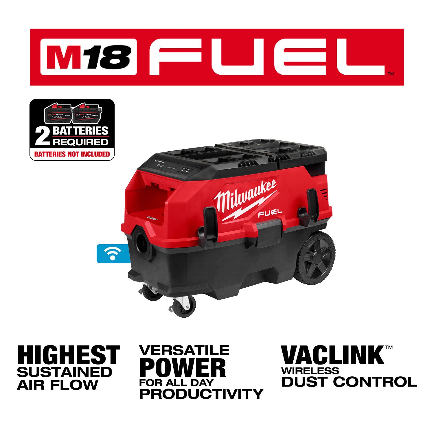 Milwaukee 0888-20 M18 FUEL 9 Gallon Dual Battery Dust Extractor w/ PACKOUT Compatibility and VACLINK, Tool Only