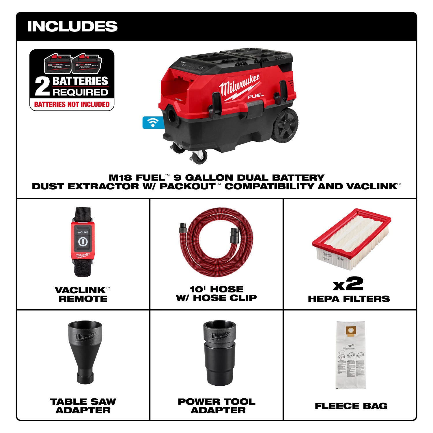 Milwaukee 0888-20 M18 FUEL 9 Gallon Dual Battery Dust Extractor w/ PACKOUT Compatibility and VACLINK, Tool Only