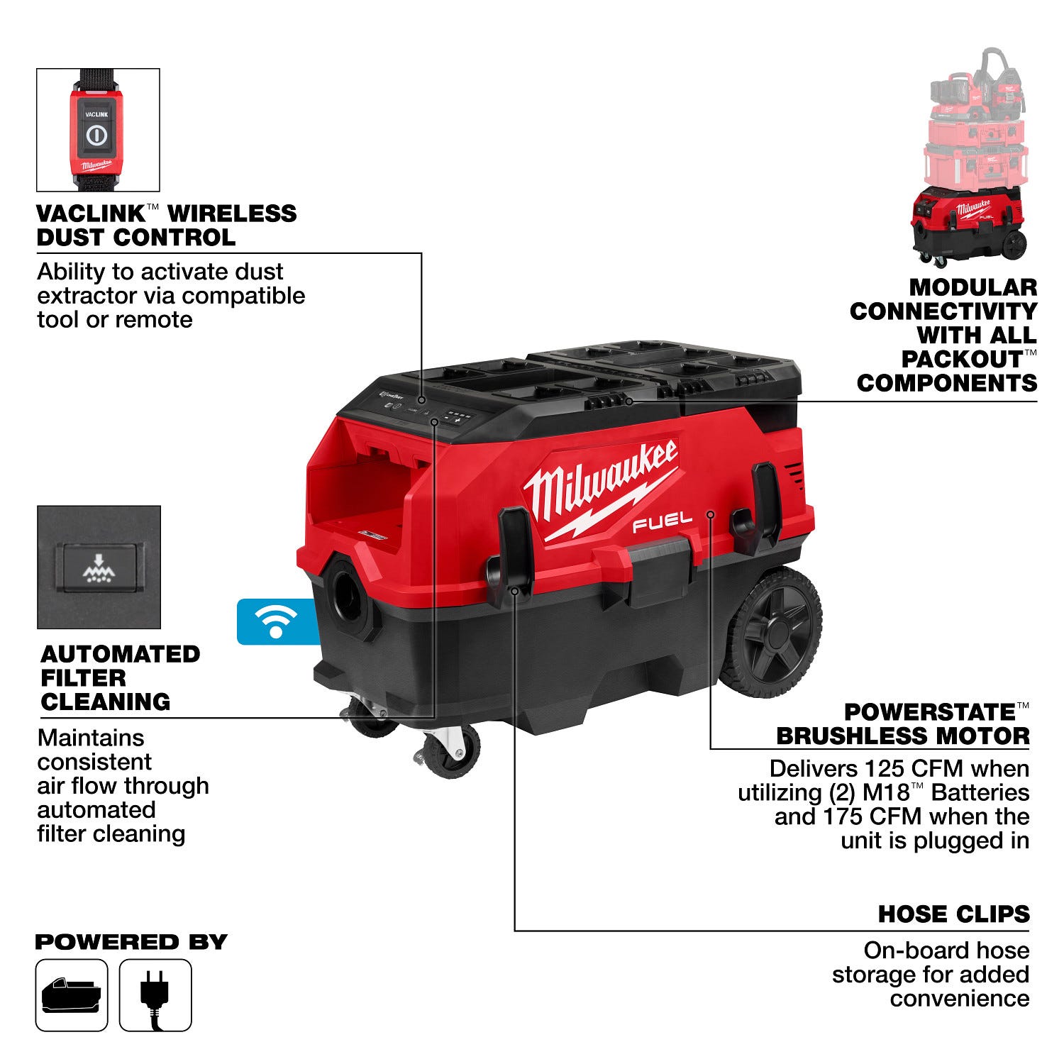 Milwaukee 0888-20 M18 FUEL 9 Gallon Dual Battery Dust Extractor w/ PACKOUT Compatibility and VACLINK, Tool Only