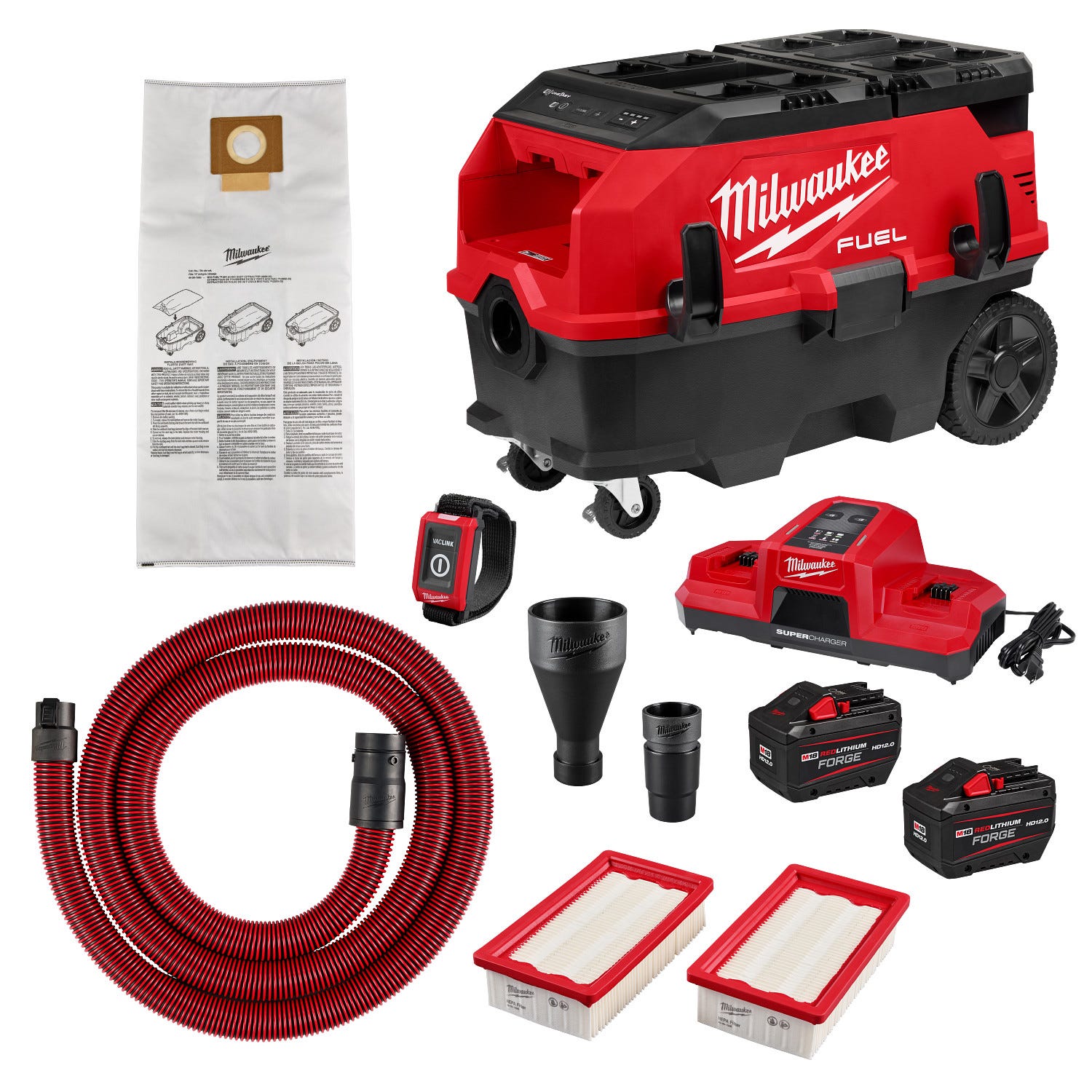 Milwaukee 0888-22HD M18 FUEL 9-Gallon Dual Battery Dust Extractor w/ PACKOUT Compatibility and VACLINK 12.0Ah Kit