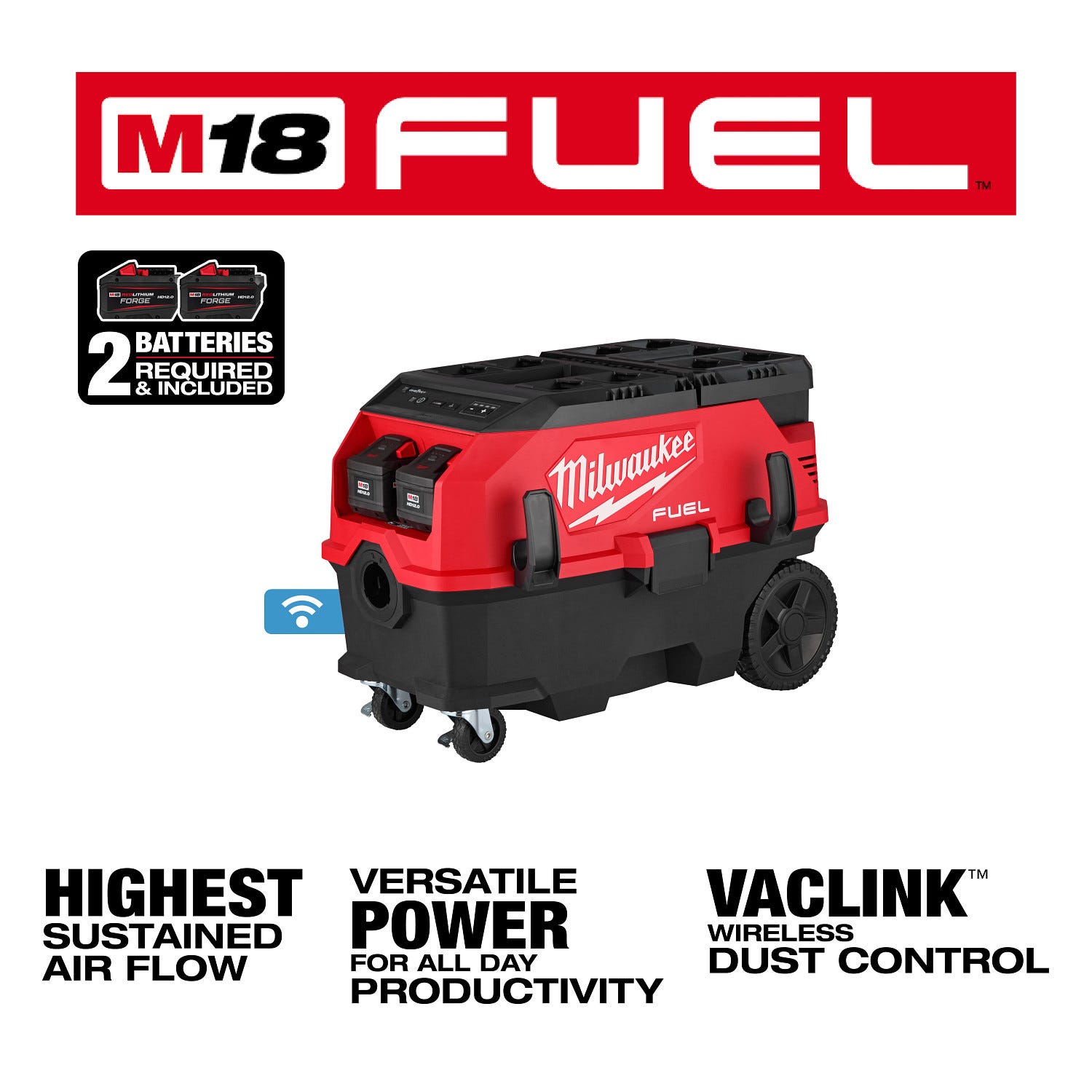 Milwaukee 0888-22HD M18 FUEL 9-Gallon Dual Battery Dust Extractor w/ PACKOUT Compatibility and VACLINK 12.0Ah Kit