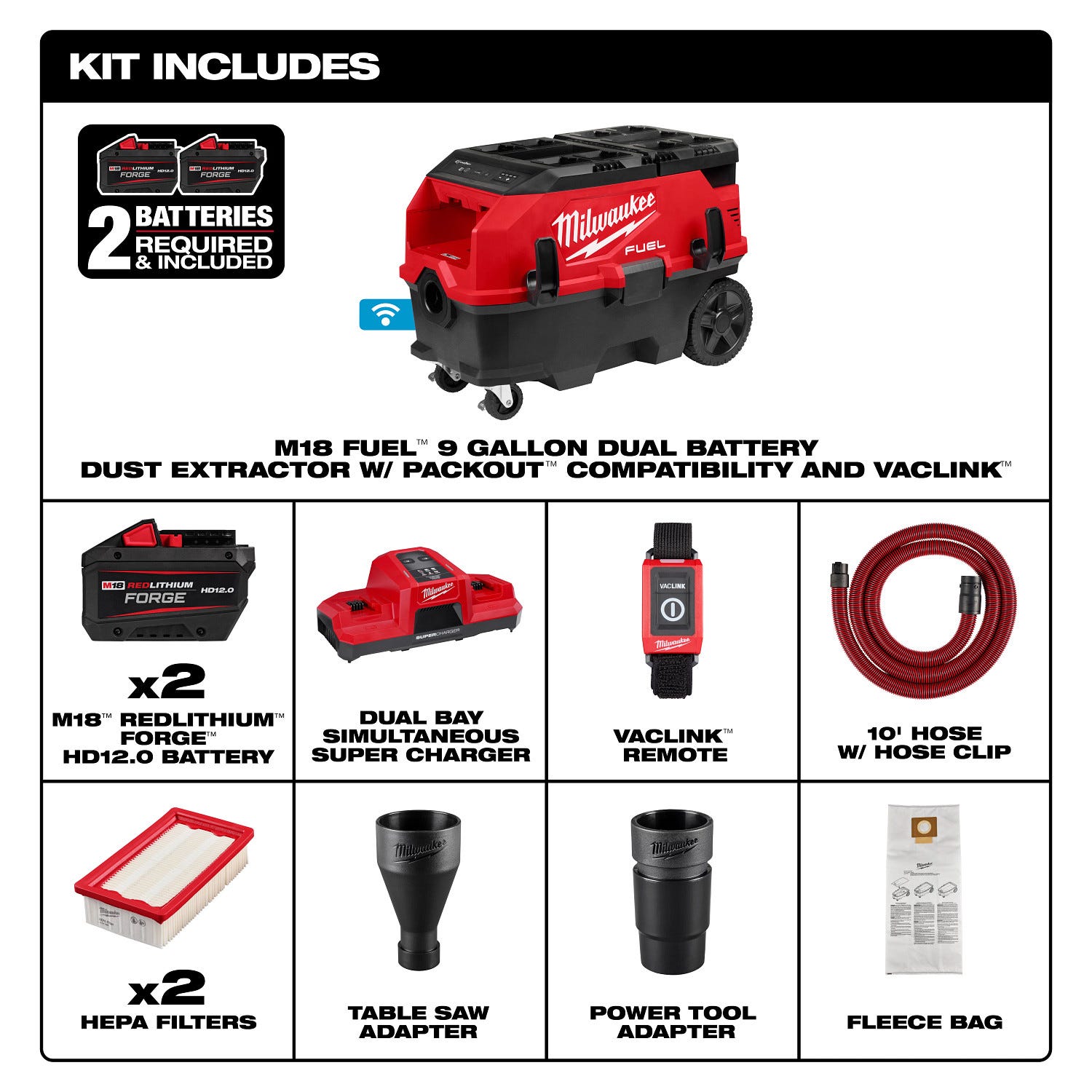 Milwaukee 0888-22HD M18 FUEL 9-Gallon Dual Battery Dust Extractor w/ PACKOUT Compatibility and VACLINK 12.0Ah Kit