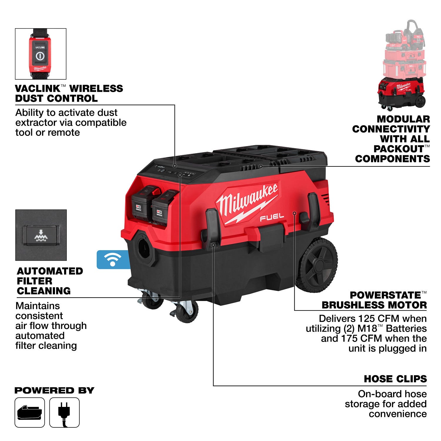 Milwaukee 0888-22HD M18 FUEL 9-Gallon Dual Battery Dust Extractor w/ PACKOUT Compatibility and VACLINK 12.0Ah Kit