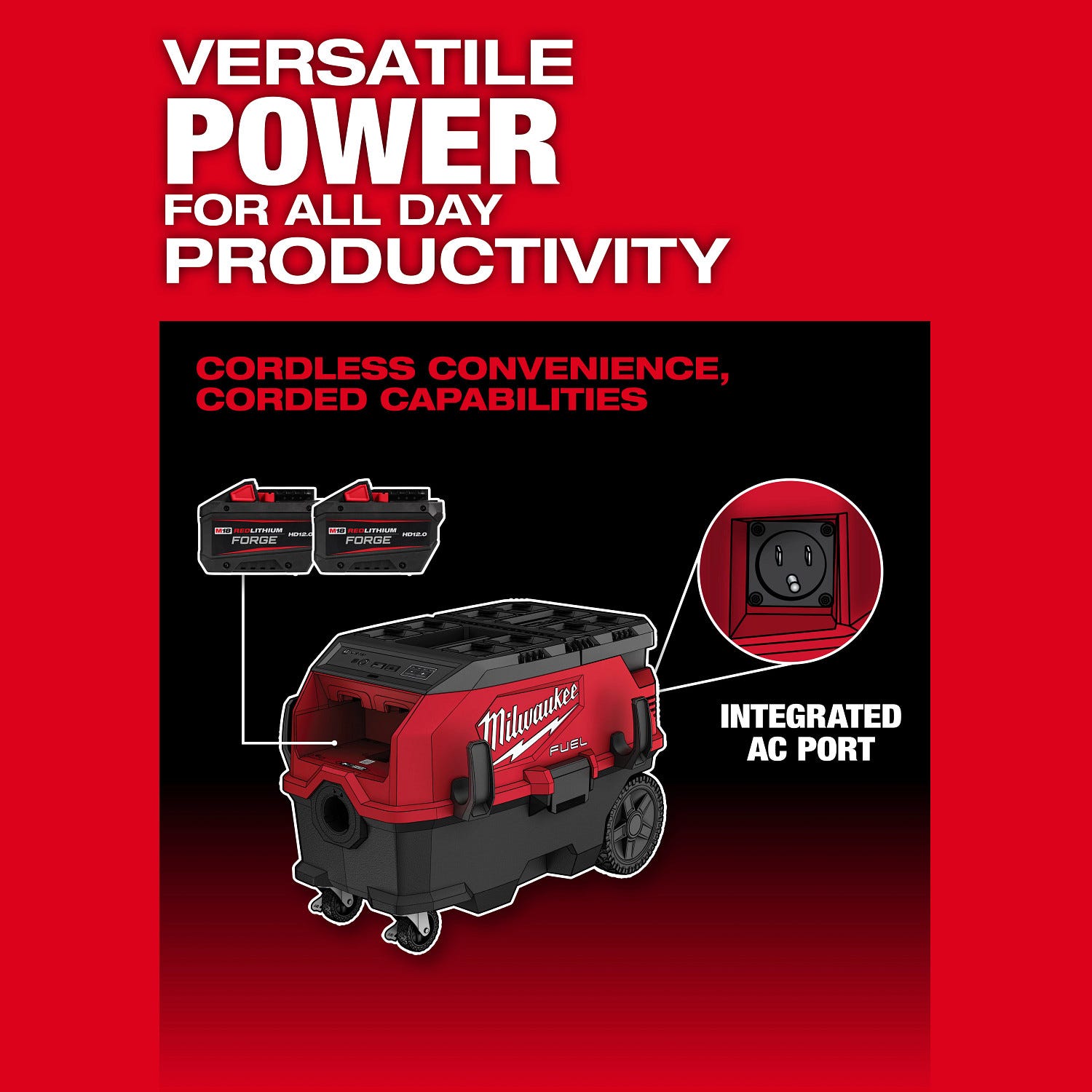 Milwaukee 0888-22HD M18 FUEL 9-Gallon Dual Battery Dust Extractor w/ PACKOUT Compatibility and VACLINK 12.0Ah Kit