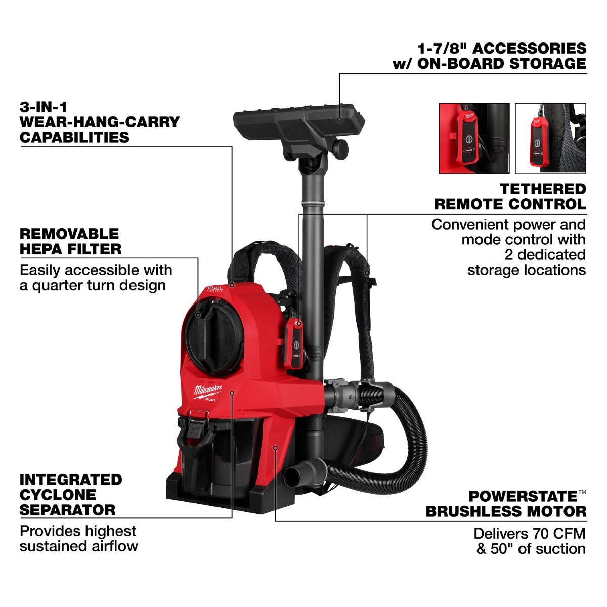 Milwaukee 0895-20 M18 FUEL 3-in-1 Backpack Vacuum, Tool Only