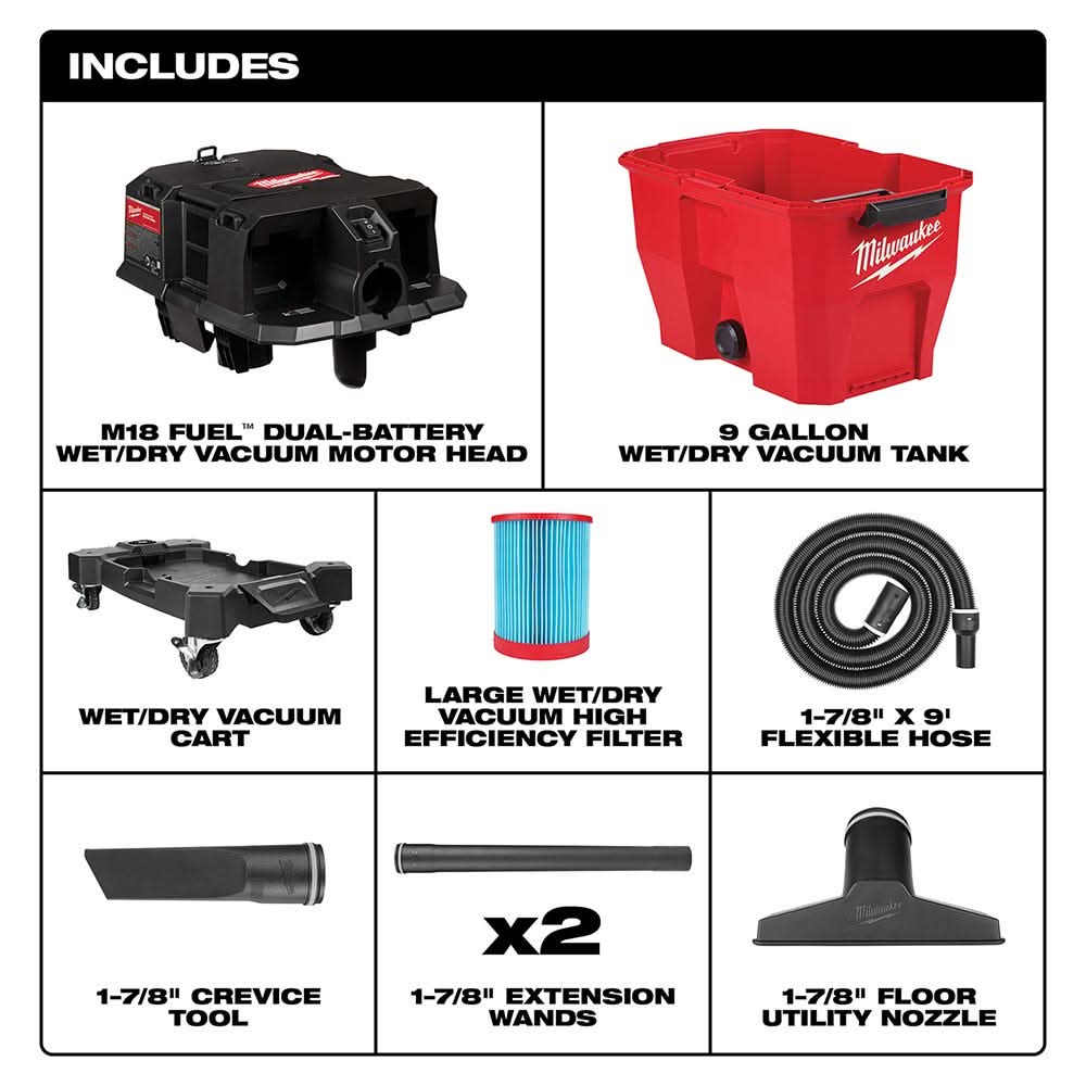 Milwaukee 0920-20 M18 FUEL 9 Gallon Dual-Battery Wet/Dry Vacuum