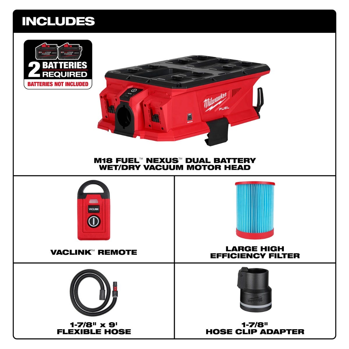 Milwaukee 0926-20 M18 FUEL NEXUS Dual Battery Wet/Dry Vacuum Motor Head w/ PACKOUT Compatibility & VACLINK