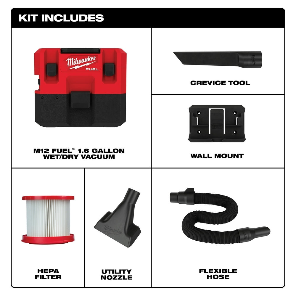 Milwaukee 0960-20 M12 FUEL 1.6 Gallon Wet/Dry Vacuum, Tool Only