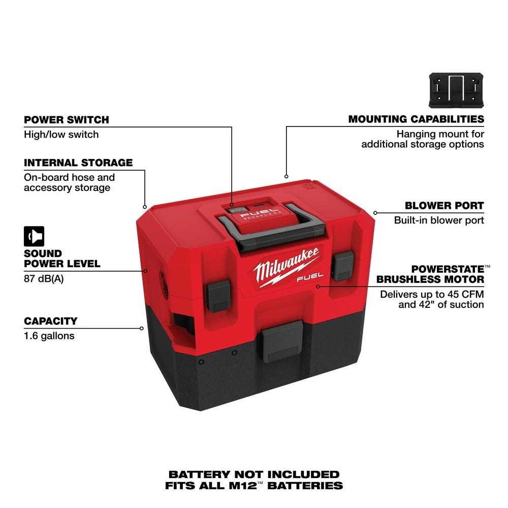 Milwaukee 0960-20 M12 FUEL 1.6 Gallon Wet/Dry Vacuum, Tool Only