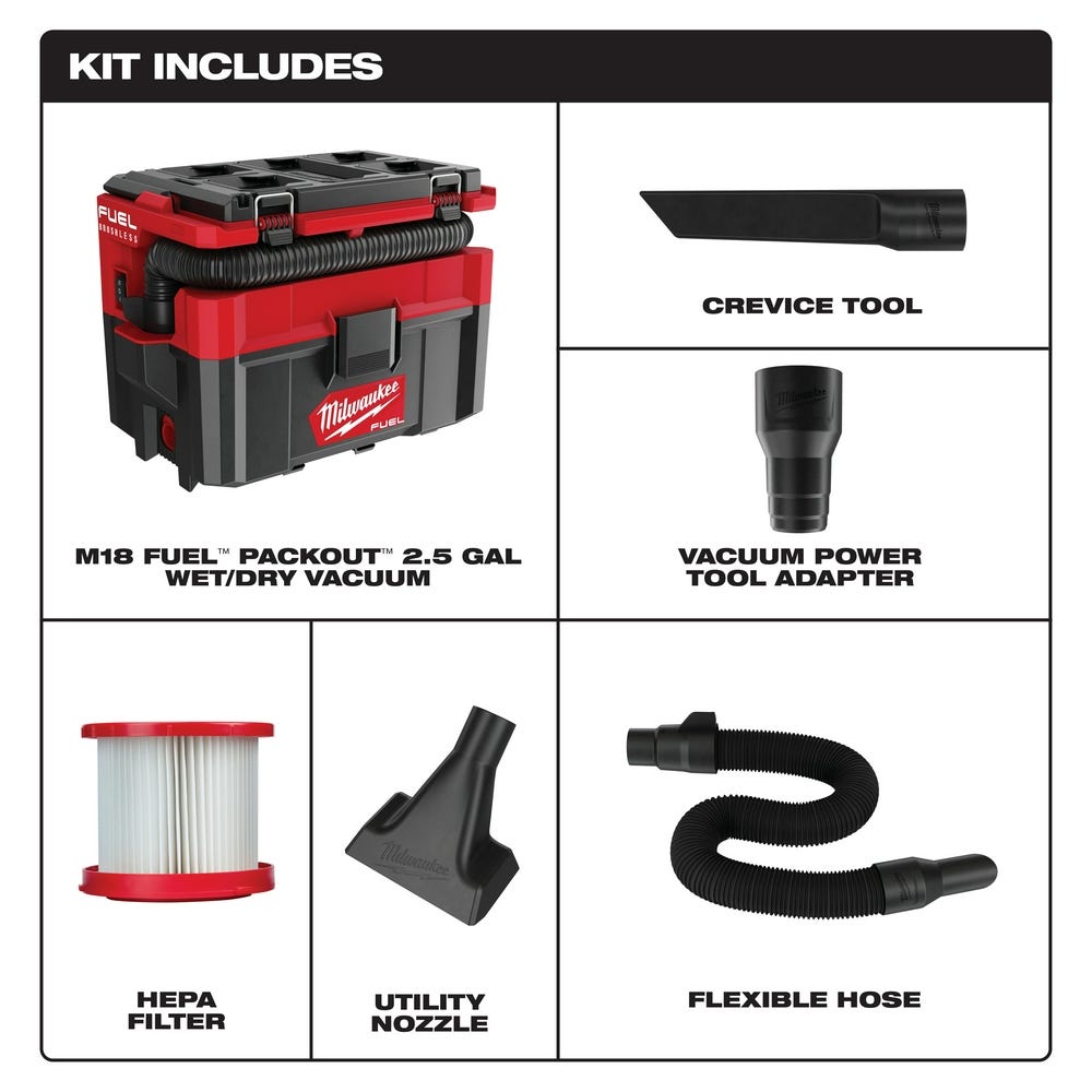 Milwaukee 0970-20 M18 FUEL PACKOUT 2.5 Gallon Wet/Dry HEPA Vacuum