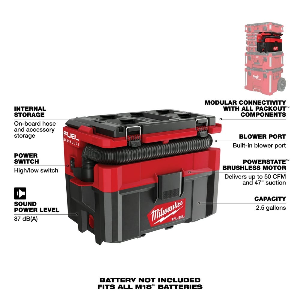 Milwaukee 0970-20 M18 FUEL PACKOUT 2.5 Gallon Wet/Dry HEPA Vacuum