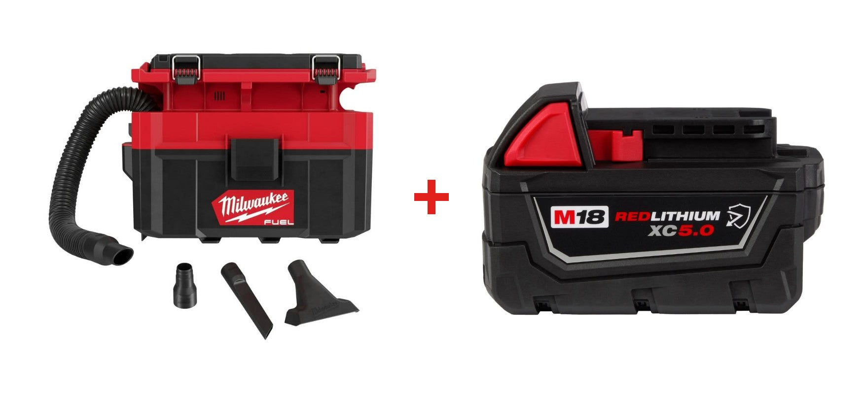 Milwaukee 0970-20 M18 FUEL PACKOUT 2.5-Gallon Wet/Dry HEPA Vacuum with Milwaukee 48-11-1850R M18 REDLITHIUM XC5.0 Oil & Solvent Resistant Battery