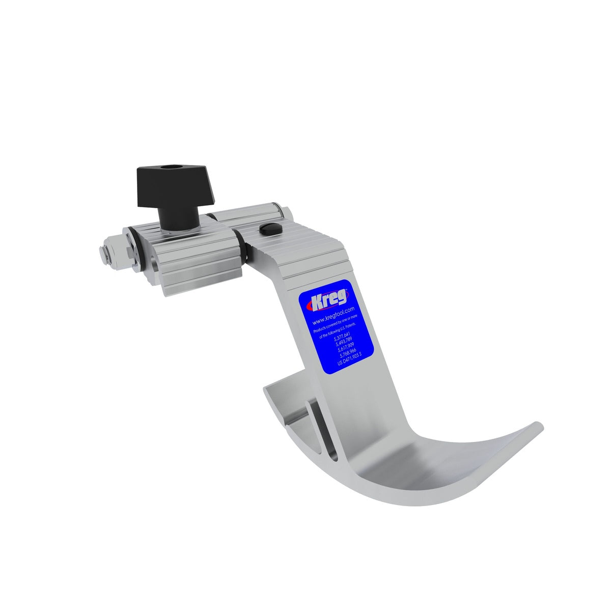 Kreg Tool KMS7801 Swing Stop showing curved bypass foot and aluminum body for stop control on a miter saw or table saw fence system