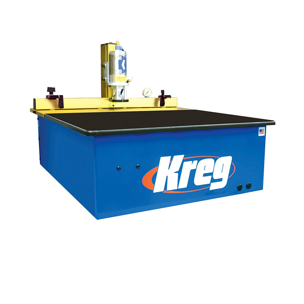 Kreg DK1100 TP Benchtop Single-Spindle Pneumatic Pocket-Hole Machine set up for production pocket-hole joinery on a benchtop woodworking station