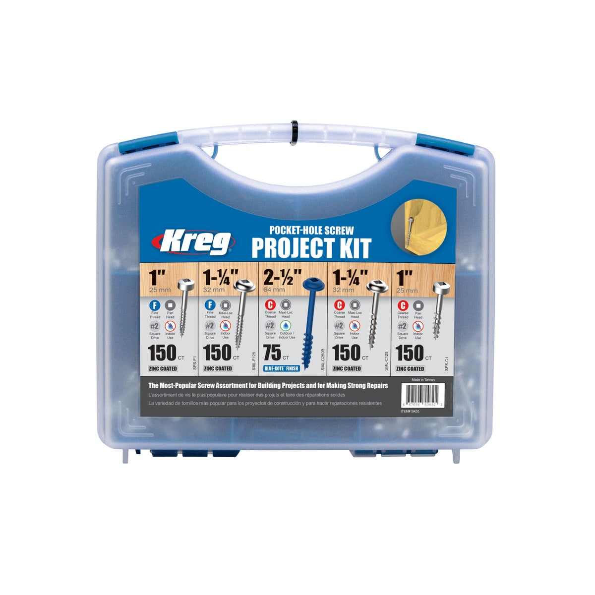 Kreg Tool Pocket-Hole Screw Project Kit 675-Piece Assortment with Carrying Case (SK03)