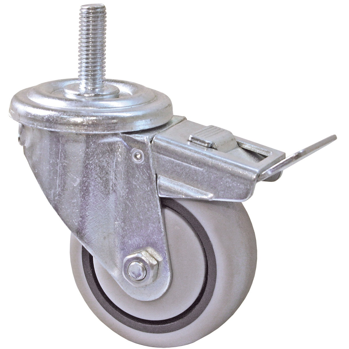 Kreg PRS3090 3 inch dual-locking caster close-up showing steel body rubber wheel and foot lever for woodworking bench mobility