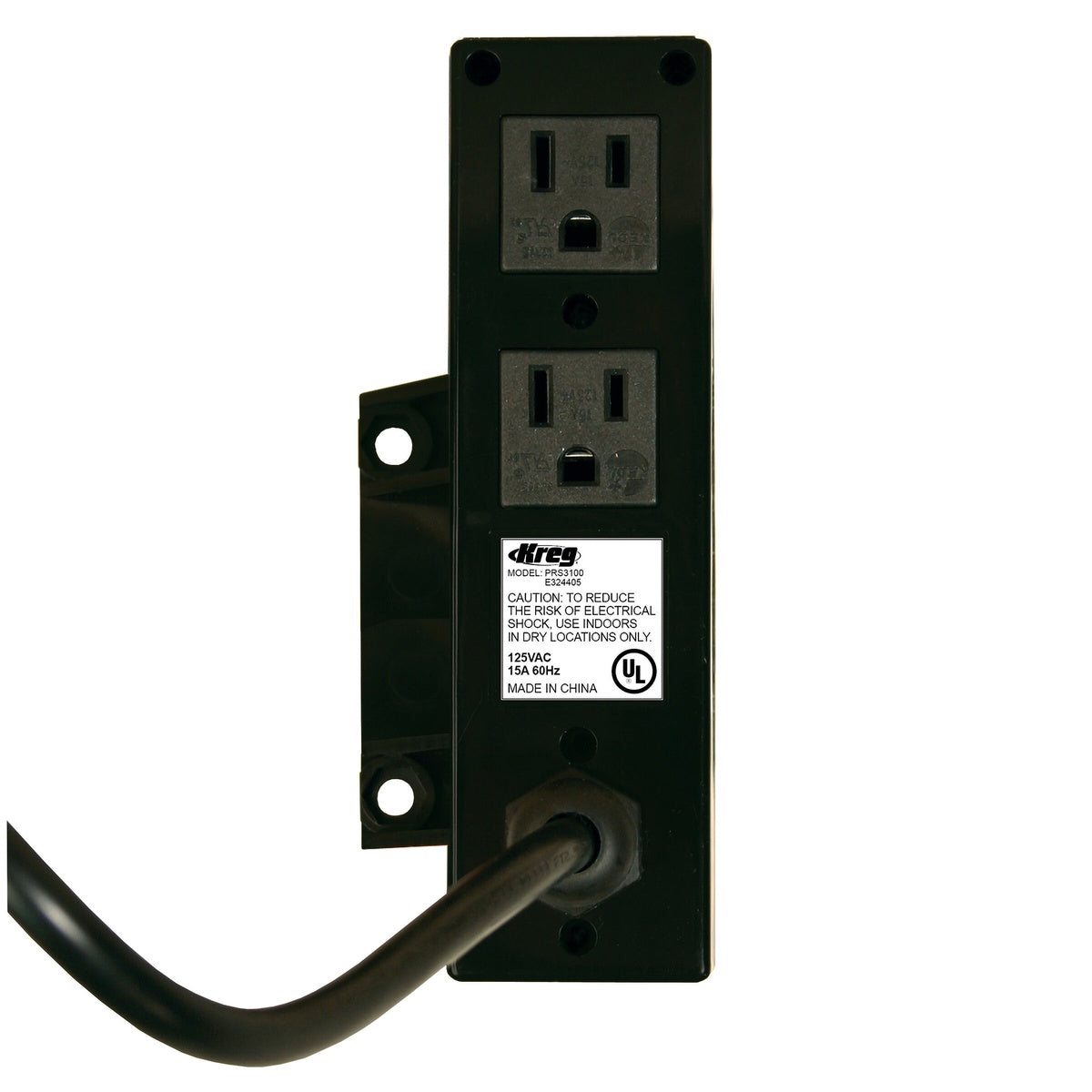 Back side of Kreg PRS3100 Multi-Purpose Router Table Switch showing two outlets and heavy-duty power cord for router table power management