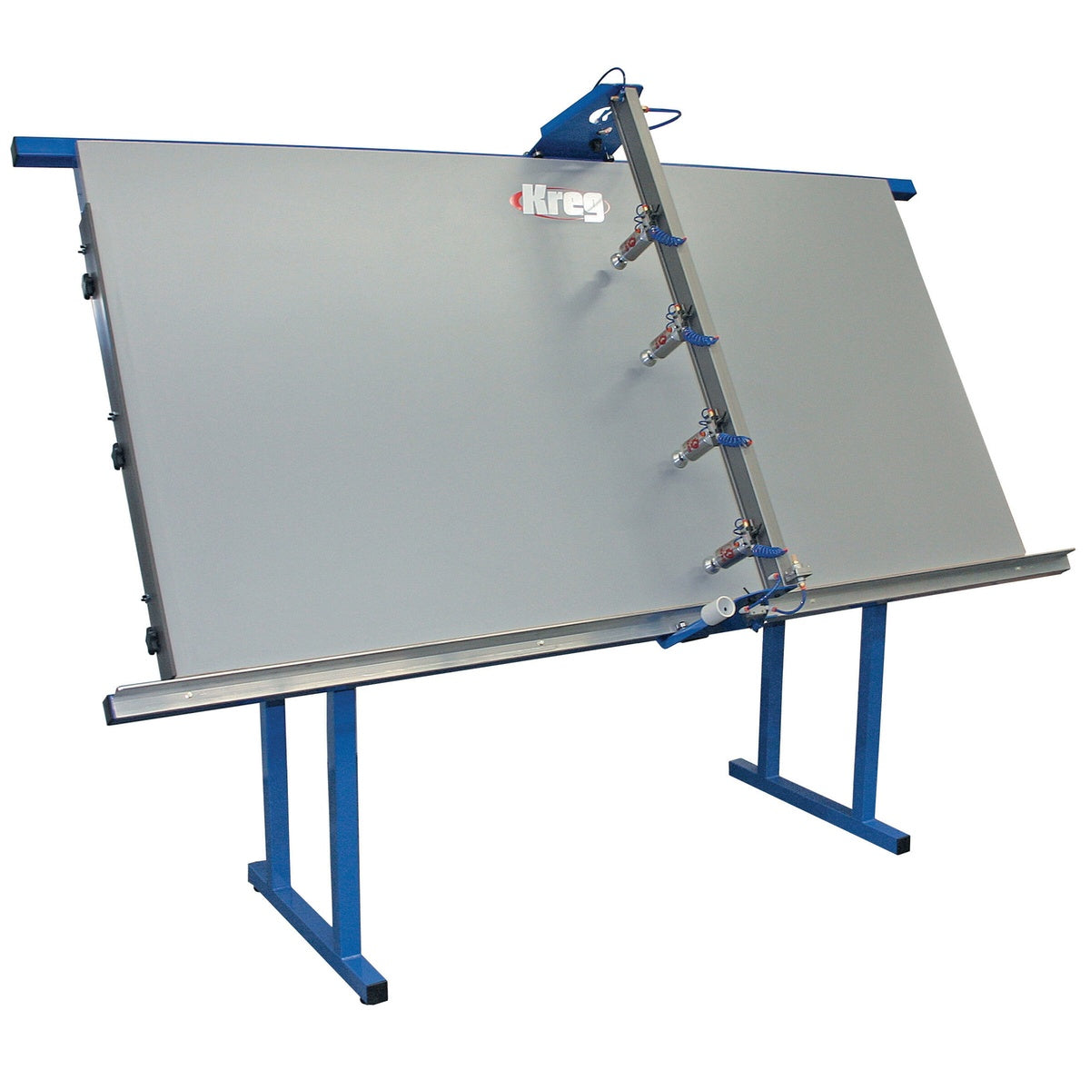 Kreg KFT4X8 4' x 8' Face-Framing Table set up for face-frame assembly in a cabinet shop workflow with angled stand-up positioning