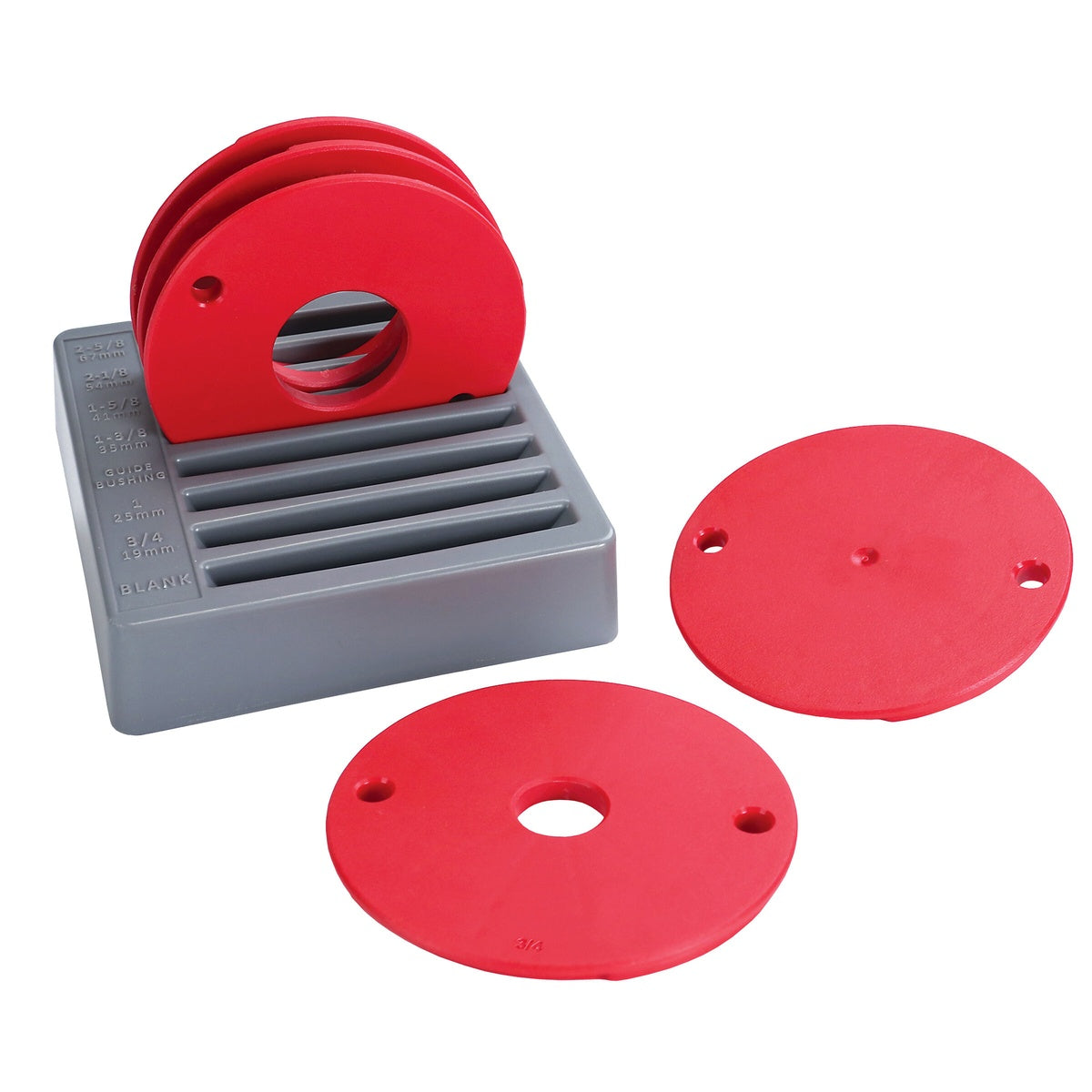 Kreg PRS3050 Level-Loc Reducing Rings router table accessory set with storage tray for matching router bit opening sizes in a woodworking shop setup