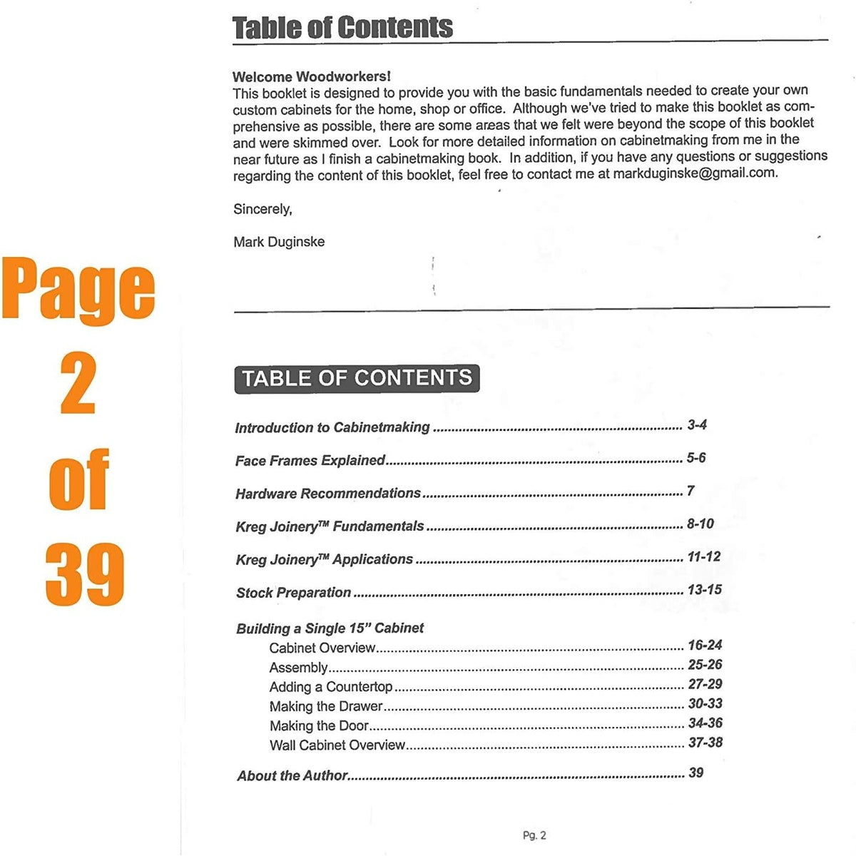 Kreg Tool MD-CAB01 Cabinetmaking Booklet table of contents covering cabinetmaking topics for woodworking and face-frame cabinet projects