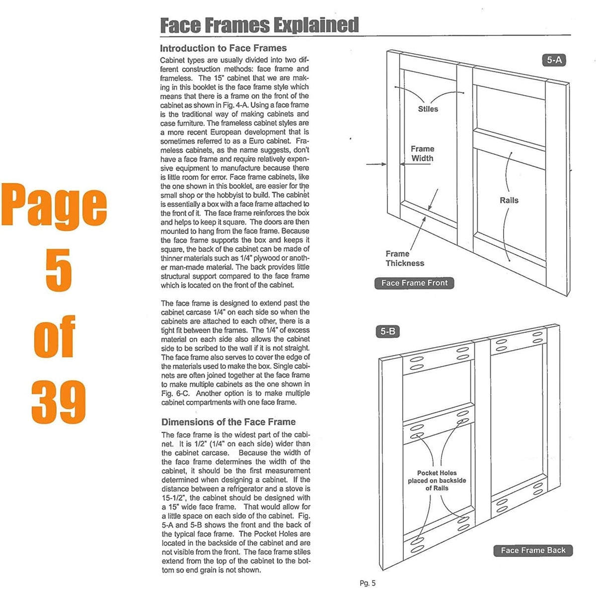 Kreg Tool MD-CAB01 Cabinetmaking Booklet face frame instruction page showing pocket hole placement for cabinet assembly in woodworking use
