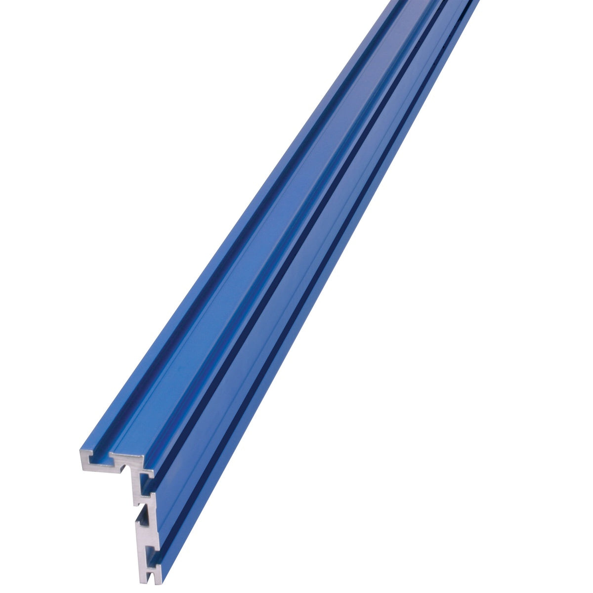Kreg KMS7704 Heavy-Duty Trak 48 inch guide track shown as an anodized aluminum bench system component for workstation fence and stop setup in a woodworking shop