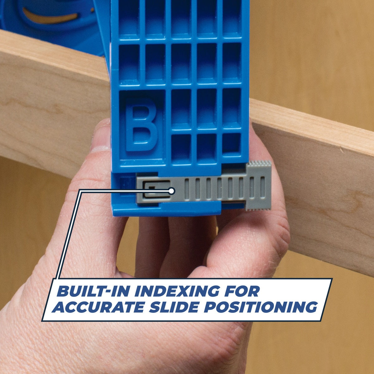 Kreg Drawer Slide Jig indexing tab set against a cabinet drawer box edge for accurate drawer slide installation in a woodworking cabinet project