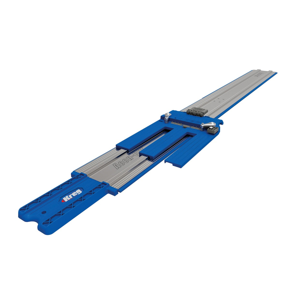 Kreg KMA2700 Accu-Cut Circular Saw Guide Track assembled with aluminum guide rail and universal sled for straight cuts in plywood and sheet goods