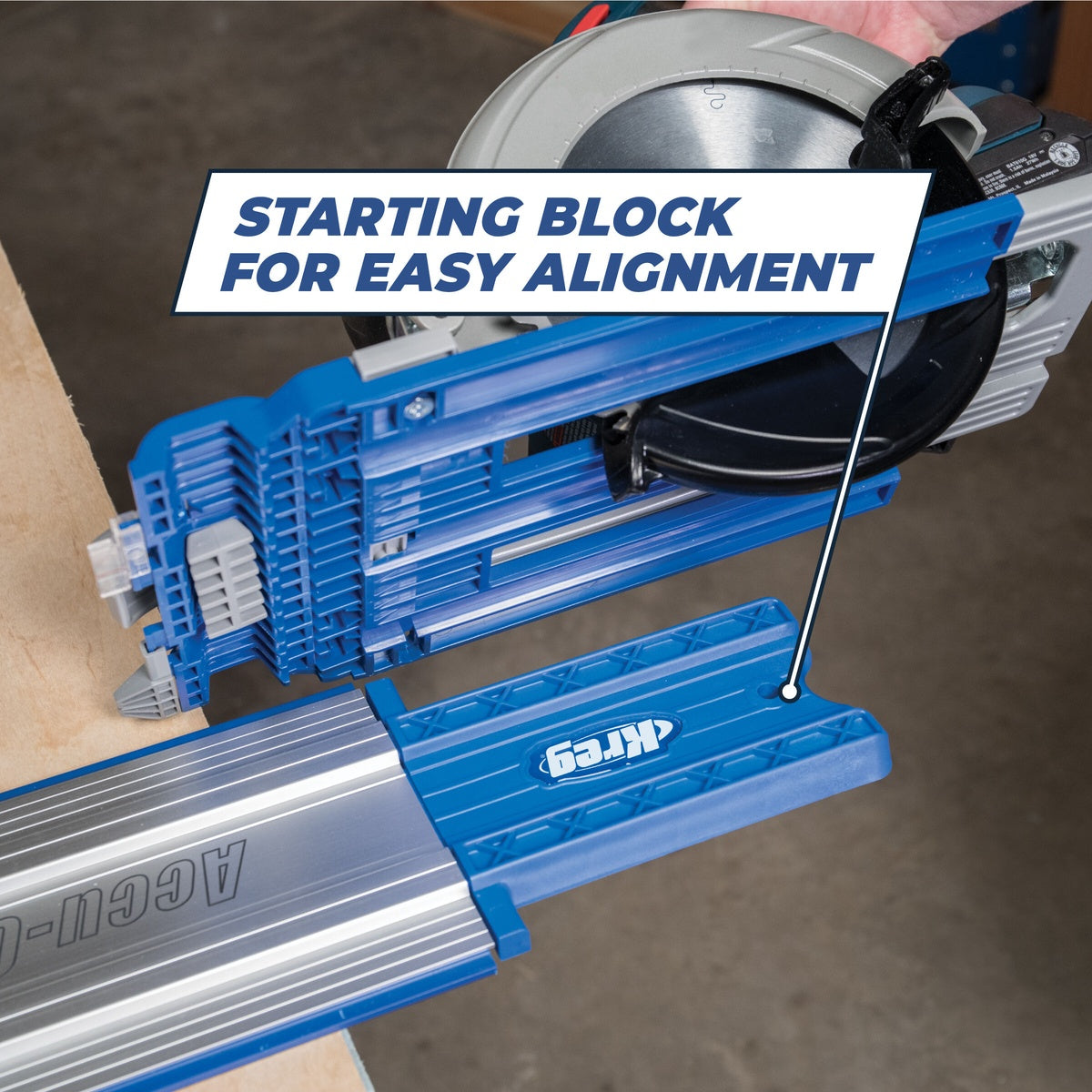 Kreg KMA2700 Accu-Cut Circular Saw Guide Track starting block used with a circular saw at the edge of a sheet panel for aligned jobsite cutting