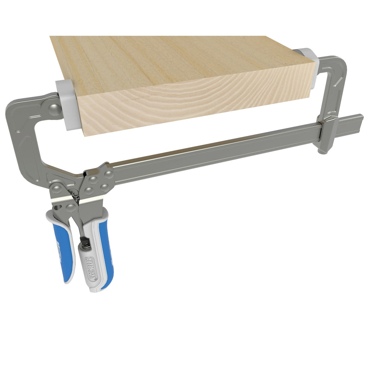 Kreg Auto-Adjust Bar Clamp - 8 in. holding a wood board during woodworking assembly on a bench for glue-up and positioning