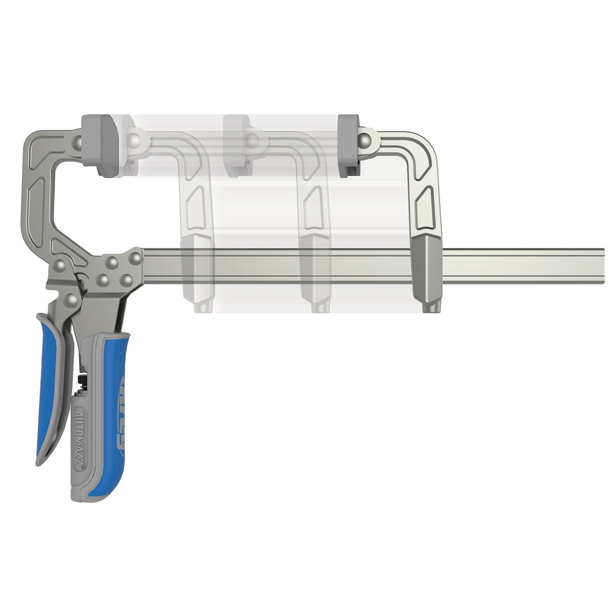 Kreg Tool Auto-Adjust Bar Clamp - 24 inch bar clamp with sliding jaw adjusted across the bar for different woodworking material widths in a shop setup