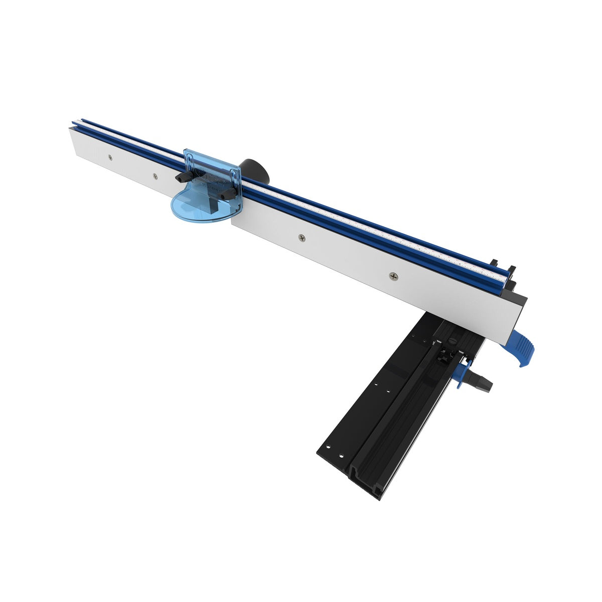 Kreg Tool PRS1015 Precision Router Table Fence with guard and mounting carriage installed for woodworking fence alignment and chip collection at the router table