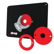 Kreg PRS4036 Precision Router Table Insert Plate - Predrilled for Porter-Cable &amp; Bosch with Level-Loc reducing rings and ring wrench for router table setup in a woodworking shop