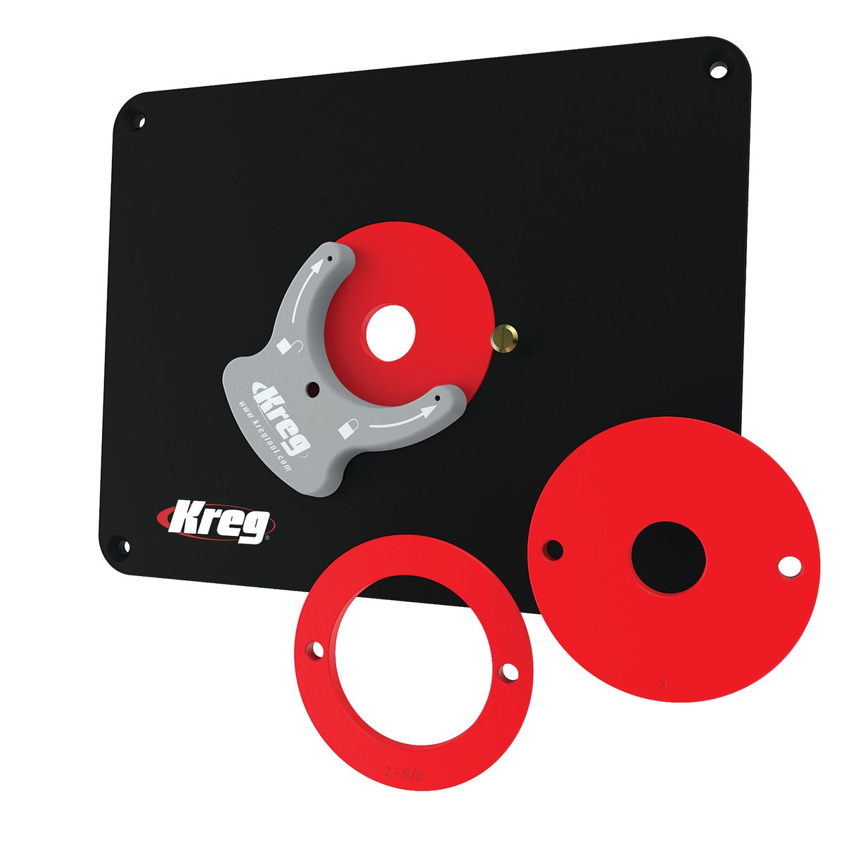 Kreg PRS4036 Precision Router Table Insert Plate - Predrilled for Porter-Cable &amp; Bosch with Level-Loc reducing rings and ring wrench for router table setup in a woodworking shop