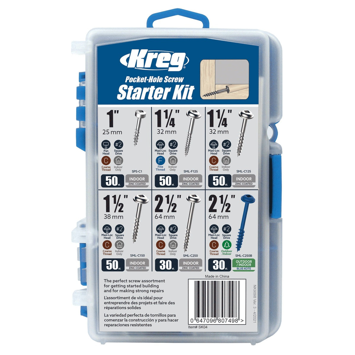 Kreg Pocket-Hole Screw Starter Kit with 260 Assorted Screws in Carry Case (SK04)